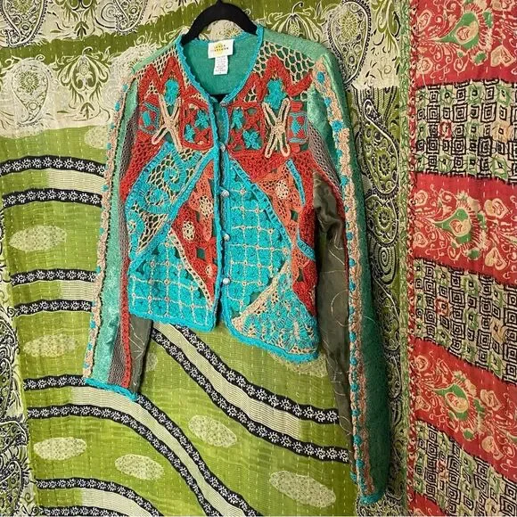 Rare Vintage Sandy Starkman Aqua Patchwork/ Embroidered Boho Cardigan Size Small - Picture 4 of 15